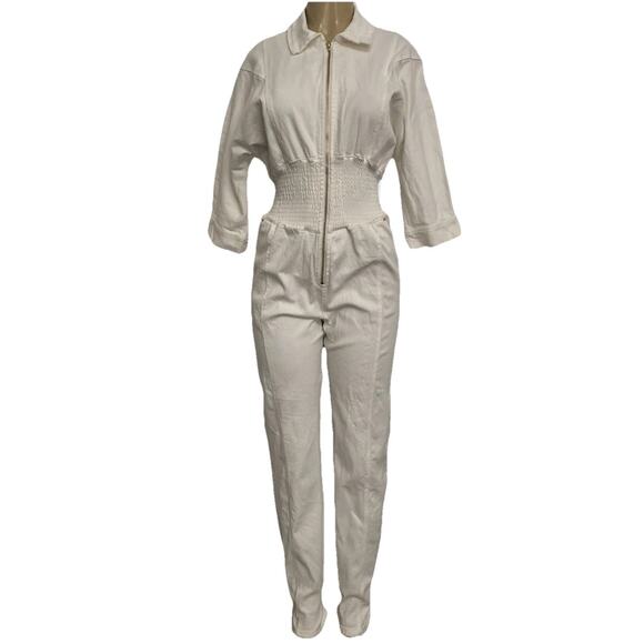 Retrofete Ellis Jumpsuit Optic White 3/4 Sleeve Front Zip Cotton Stretch Waist S - Picture 2 of 11